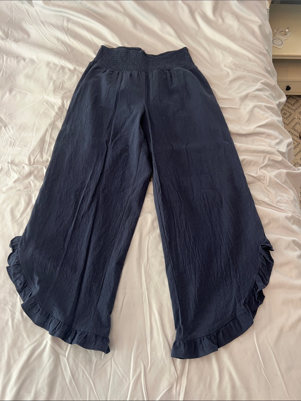 Navy Ruffle Hem Wide Leg Pants